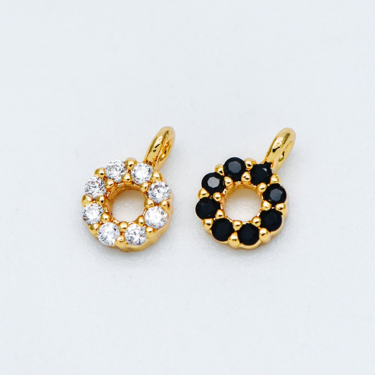 4pcs CZ Pave Gold Circle Charm Pendants 4x6mm, Real Gold plated Brass, Mini Ring Charms, Clear/ Black (GB-376-A)